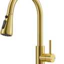 FEELSO Kitchen Faucets with Pull Down Sprayer, High Arc Single Handle Kitchen Sink Faucet, 1 or 3 Hole Brushed Nickel Water Faucets for Farmhouse Laundry Camper Rv Bar (Gold)