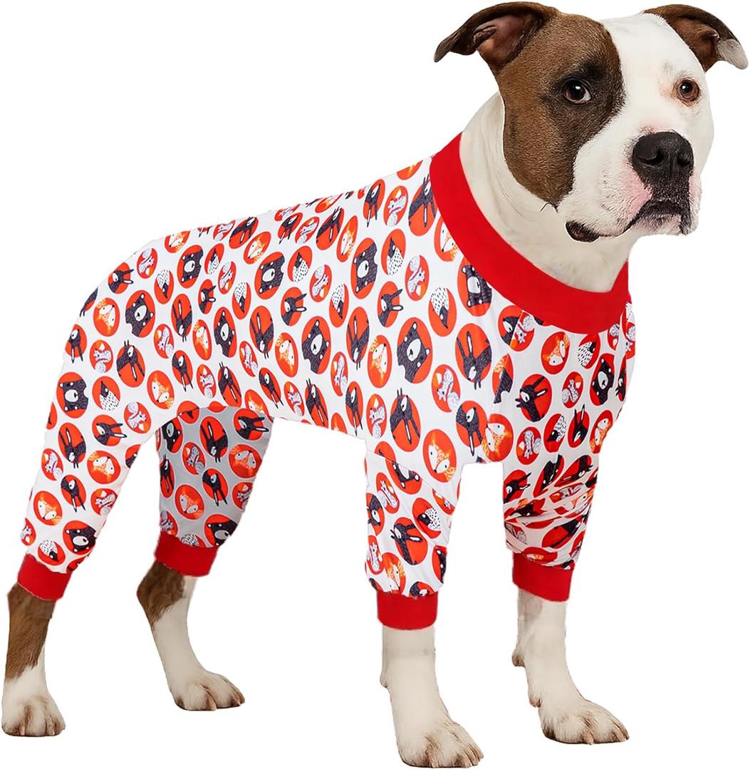 LovinPet Pitbull Pajamas, Wound Care Recovery Onesie, Pitbull Cotton Pullover Dog Pajamas, Cozy Stretchy Fabric, Forest Friends Red Print, Large Dog PJS, Onesies for Dogs, 2XL