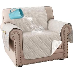 H.VERSAILTEX 100% Waterproof Slipcover Chair Covers Modern Sofa Chair Covers Stay in Place Furniture Protector with Elastic Straps (Chair, French Oak/Beige)