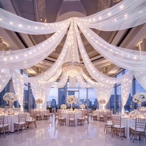 FrohFest 12 Panels White Ceiling Curtains with Lights for Weddings - 5ftx30ft Wrinkle-Free Tulle Fabric Wedding Arch Draping Fabric Ceiling Decorations for Wedding Party Ceremony Stage Tent Event