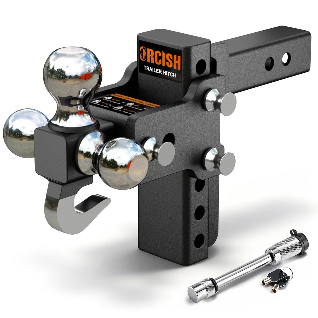 ORCISH Adjustable Rotating Trailer Hitch, 4-in-1 Tri-Ball & Tow Hook, 360° Swivel Ball Mount, 2.5" Receiver with 5" Drop/Rise, Ball Sizes: 1-7/8", 2", 2-5/16", Anti-Theft Lock, Fits Truck SUV RV