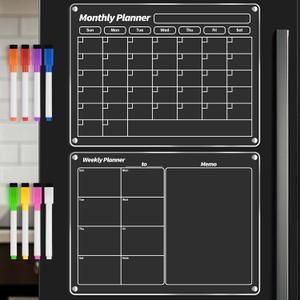 FINDMAG Acrylic Dry Erase Magnetic Calendar for Fridge, Magnetic Calendar for Refrigerator, Clear Monthly and Weekly Meal Planner Fridge Magnets, Chore Chart for Kids with 8 Colors Markers