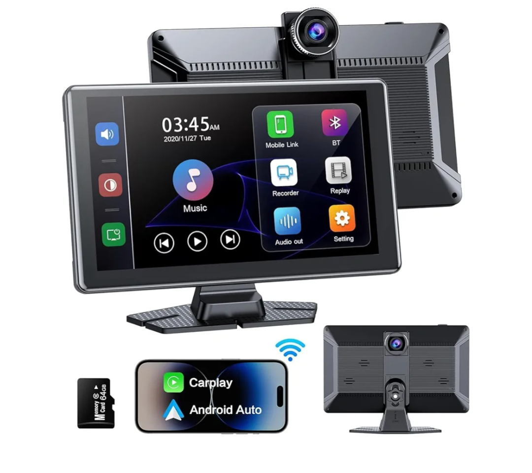 Portable Wireless Carplay Screen, PBYRD 9" Touchscreen with 4K HD Front Camera, Car Stereo with Apple Carplay & Android Auto, Mirror Link/Voice Control/Bluetooth/GPS Navigation-2025 New