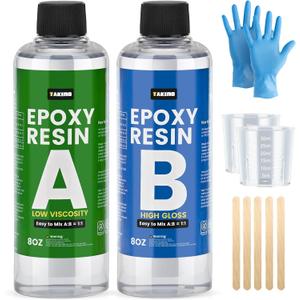 TAKIMO 16OZ Crystal Clear Epoxy Resin Kit - 1:1 Mixing Ratio, Bubble Free & Anti-Yellowing - High Gloss Casting & Coating Resin for Jewelry, River Tables, Bar Top, Countertops & Wood - Heat Resistant