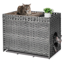 Cat Litter Box Enclosure with Soft Litter Mat; Hidden Kitten Washroom Furniture with Door; Handwoven Rattan Cat House with Large Space; Pet Crate for Living Room, Bedroom, Balcony (Grey)
