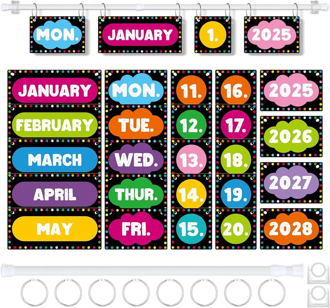 Flip Calendar Bulletin Board Set with Holder Adjustable Calendar Display Holder Includes 55 Date Cards for Preschool School Classroom Wall Decoration(Chalkboard Brights)