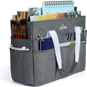 JJRING Craft Organizer Tote Bag, Large Art Storage Caddy with Multiple Pockets, Gray Sewing Bag for Art, Craft, Scrapbooking, School, Medical, and Office Supplies Storage (Grey)