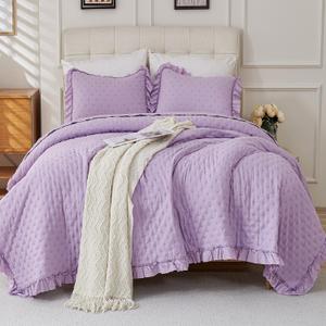 Cmfshape Bedding Set-3 Pieces Ultrasonic Quilt Sets with Ruffled Edges for an Elegant Bedroom Decor Suitable All Season,Light Purple(Queen 88"x88"), Pillowcase 2 Pack 23x18