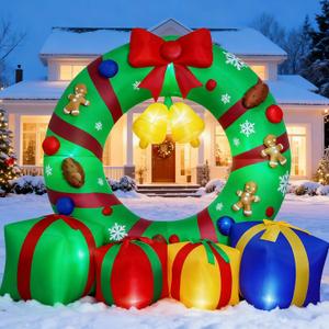 Max Fun 10FT Giant Inflatable Christmas Wreath Outdoor Decor Blow Up Xmas Wreath with Gift Boxes Bells LED Lights Holiday Yard Lawn Garden Decoration