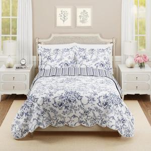 Garden Toile 3-Piece Reversible Quilt Set - Lightweight Coverlet Set, Floral Vintage Quilted Bedding Set with 2 Shams, All Seasons, King Size, Blue