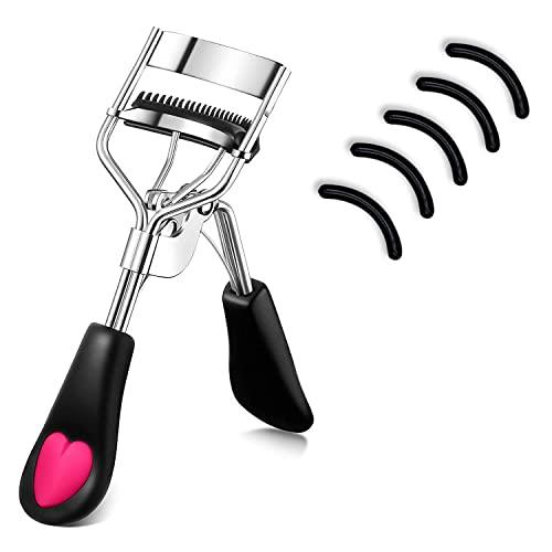 MERVK Stainless Steel Eyelash Curler with Built-in Comb Pinch Pain-Free Suitable for Any Eye Shapes and Sizes, with 5 Silicone Refill Pads (Black)
