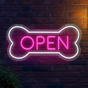 Led Neon Open Sign For Business, Dog Bone Neon Sign Art Pet Shop, Welcome Sign For Business Walls Window Bar Salon Art Hotel Wall Decor (White + Rose Red-Open)
