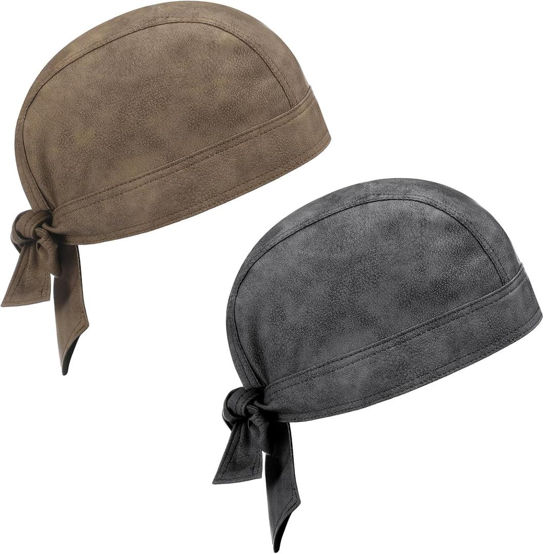 2 Pcs Leather Biker Skull Cap for Women Distressed Motorcycle Bandana Doo Rags Adjustable Skull Cap (Distressed Black,old Brown)