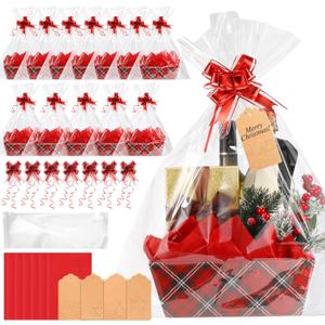 Fuutreo 48 Pcs Christmas Buffalo Plaid Baskets for Gifts Empty with Handles DIY Kit Includes 12 Gift Baskets 12 Clear Gift Bags 12 Tissue Paper 12 Bows 12 Gift Tag for Christmas Holiday Birthday Gift