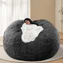 BCU Oversized Bean Bag Cover Comfy Beanbag Chair for Adults Without Filler Faux Fur Lazy Sofa Cover for Living Room Chairs, Dark Grey, 5FT