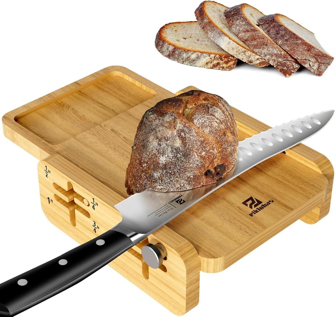 Bread Slicer for Homemade Bread, World's 1st Horizontal Wooden Loaf Cutter with Crumb Tray, Adjustable 4 Slice Thickness, Perfect for Sourdough, Cakes, Toast, and Bagels(without knife)