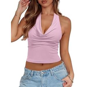 REORIA Women's Cowl Neck Going Out Halter Tank Tops Backless Double Lined Y2k Shirts Cute Summer Trendy Sleeveless Crop Tops Pink, Size M