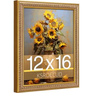 12x16 Picture Frame, HD Real Glass 12x16 Vintage Photo Frame, 12 by 16 Poster Frame with Gold Border Horizontal & Vertical Display for Tabletop or Wall Decor (1 Pack)