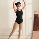 Women Dance Leotard Mesh Camisole Dancewear,Waist Mesh Splicing,Double Back Straps,Full Front Lining