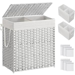 SONGMICS Laundry Hamper with Lid, 110L Clothes Hamper with 2 Removable Liner Bags, 6 Mesh Bags, Wicker Laundry Basket, Double Laundry Hamper for Laundry Room, 13 x 22.4 x 23.6 Inches, White ULCB52WT