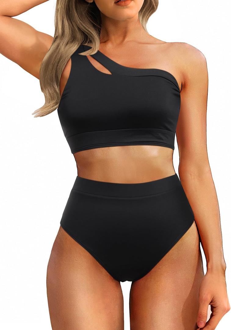 Tempt Me Women One Shoulder High Waisted Bikini Color Block Two Piece Swimsuits Cutout 2 Piece Bathing Suit (Large, Black)