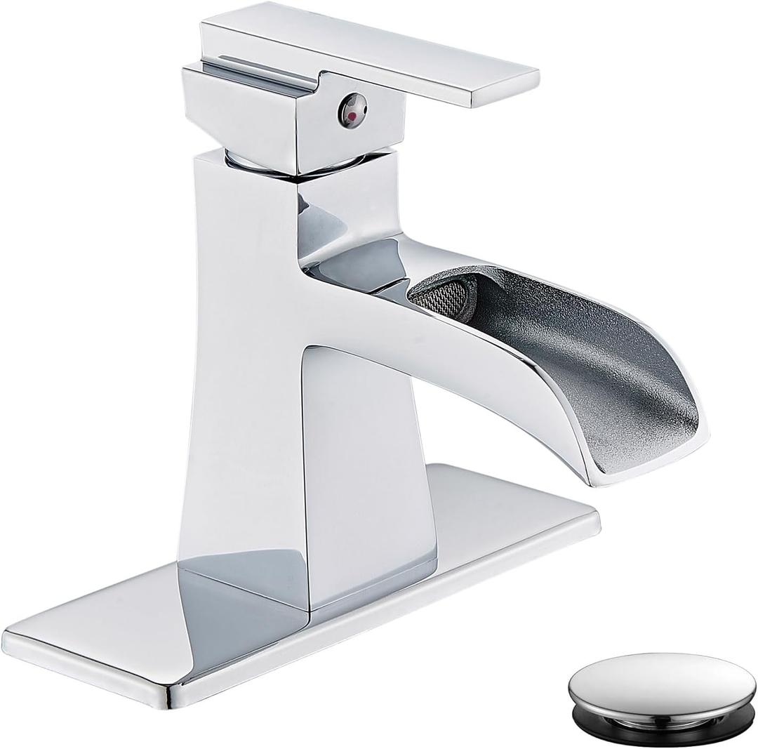 Chrome Waterfall Bathroom Faucet, One-Handle Bathroom Faucets for Sink 1 or 3 Hole, Chrome Vanity Faucet, Single Hole Restroom Sink Faucet with Pop Up Drain