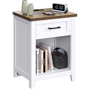 Decofy Farmhouse Nightstand with Charging Station, White & Walnut