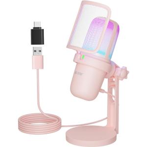 USB Streaming Gaming Microphone, PC Condenser Desktop Mic for Video, Home use, YouTube, with RGB Control, Gain Knob, 3.5mm Headphone Jack, Shock Mount, on Computer/PS5 - Pink
