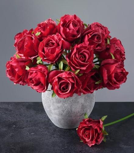 Ivydale 18pcs Red Roses Artificial Flowers, Fake Roses Silk Flowers with Stems Realistic Bouquet for Wedding Party Home Decoration DIY Centerpiece Floral Romantic Gifts