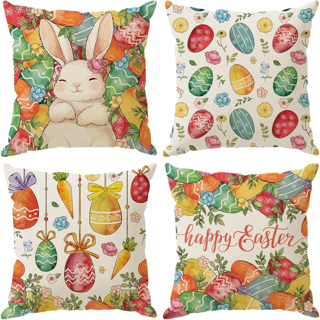 Eggs Bunny Flowers Carrots Rabbit Easter Pillow Covers Throw Pillow Cases Set of 4 Decorations for Farmhouse Home Sofa Couch Cushion Cover Party Holiday Decor 18x18 Inch