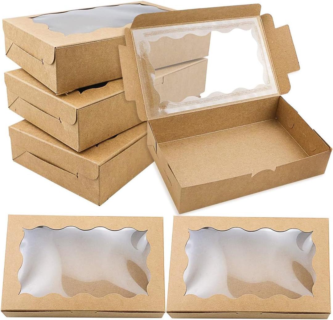 BILLIOTEAM Pack of 30 7" x 4 3/8" x 1 1/2" Small Kraft Cookie Boxes with Clear Window - Ideal for Desserts, Pastries & Candies - Perfect for Weddings, Parties & More (Brown)