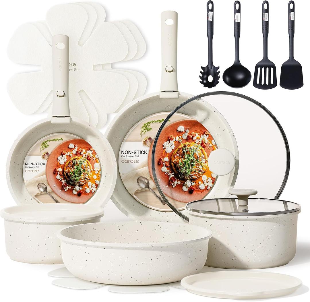 CAROTE 19pcs Pots and Pans Set, Nonstick Cookware Set Detachable Handle, Induction Kitchen Cookware Sets Non Stick with Removable Handle, RV Cookware Set, Oven Safe, 19 Piece