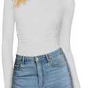 PINKMSTYLE Womens Classic Crew Neck Double Lined Long Sleeve Bodysuit Ruched Slim Fitted Fashion Going Out Fall Tops (White, M)