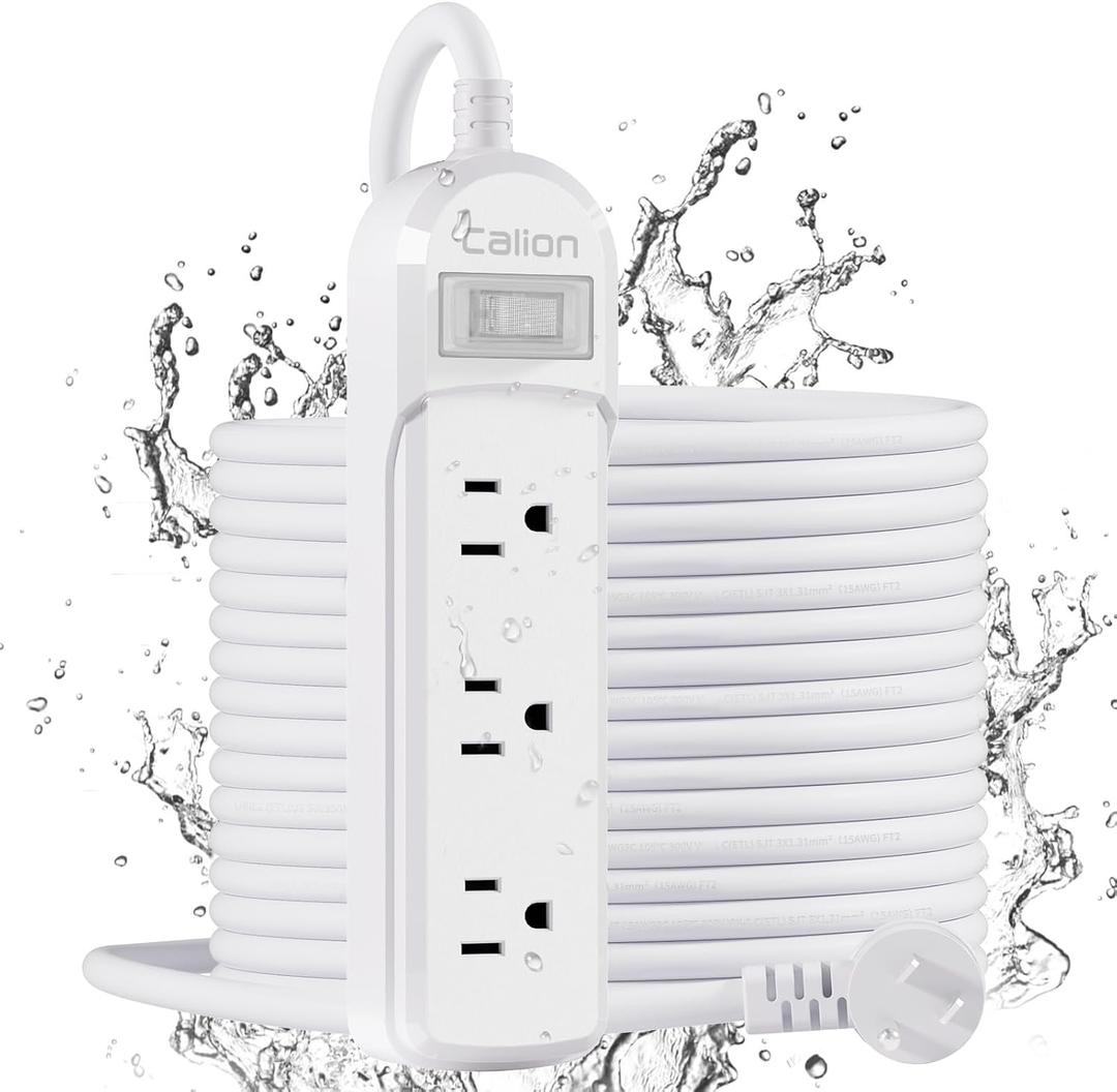 CALIONLTD Outdoor Power Strip Weatherproof - IPX6 Waterproof 24.6ft Extension Cord 3 Widely Outlets Overload Protection Shockproof Flat Plug Wall Mountable for Outdoor Indoor ETL,White