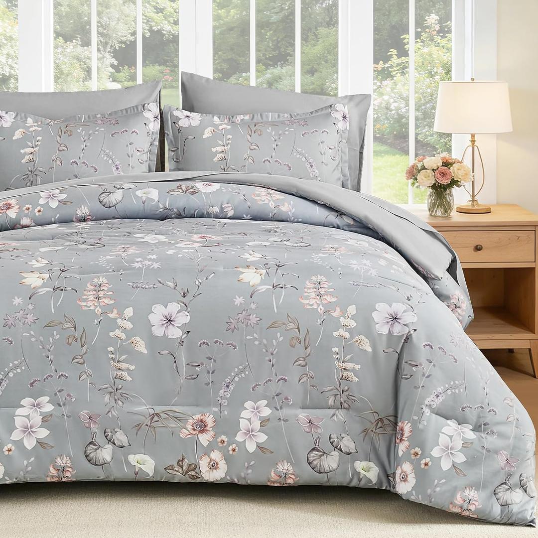 DJY Queen Comforter Set, Grey Botanical Floral Bedding Comforter Sets Queen Size for All Seasons, 7 Pieces Bed in a Bag Lightweight Microfiber Comforter Set with Sheets Pillowcases & Shams