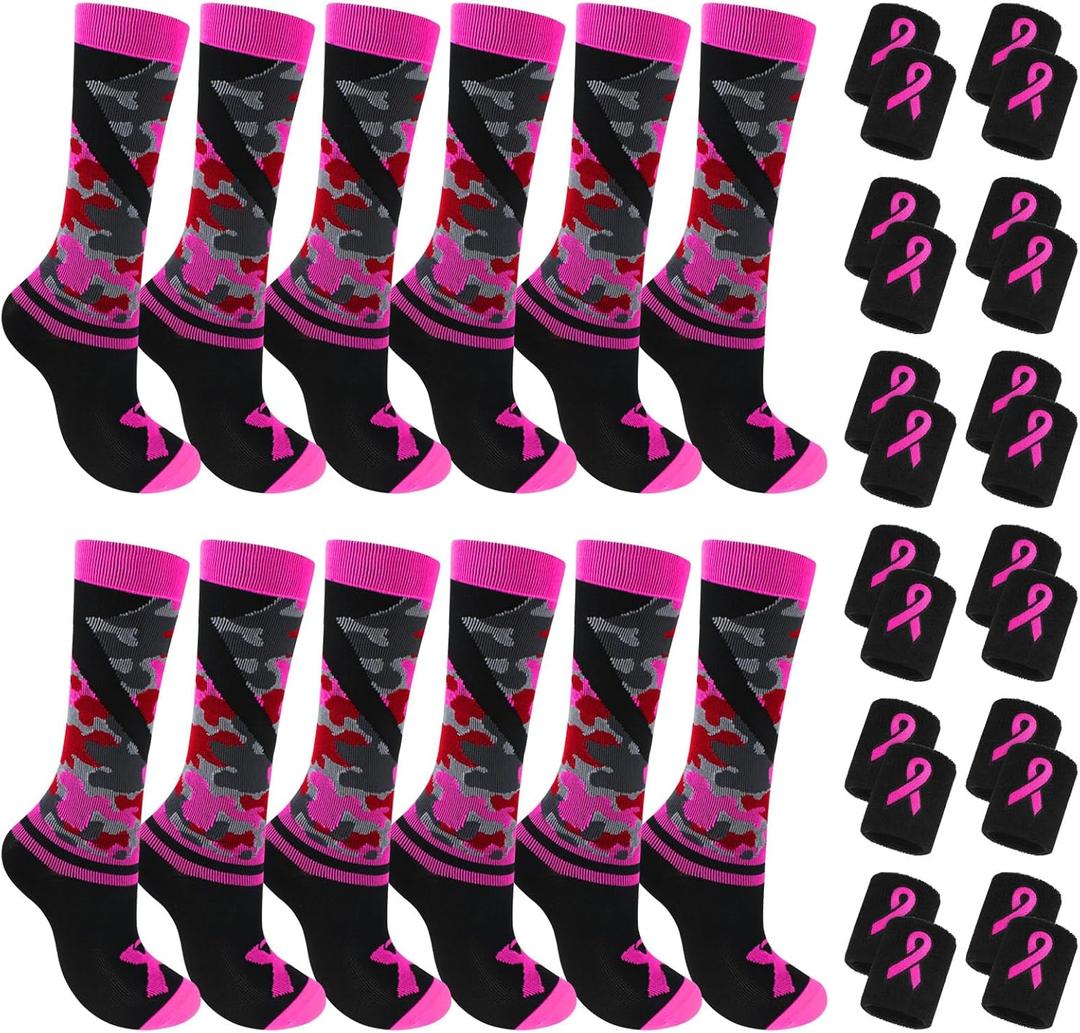Jiuguva Breast Cancer Awareness Socks Wristbands Set Camo Pink Ribbon Crew Socks (kids sizes) Black Wristbands for Sports