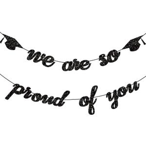 5 x Graduation Decorations 2026 2027 | Pre-Strung Class of 2026 Graduation Banner, Black Glitter We are So Proud of You Grad Banner for Graduations Party Decorations Favors Supplies School Home Car Decorations