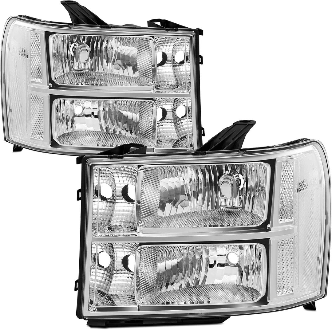 Headlight Assembly Pair Compatible with 2007-2013 GMC Sierra 1500/2007-2014 Sierra 2500HD 3500HD, Replacement Headlamp Chrome Housing Clear Reflector