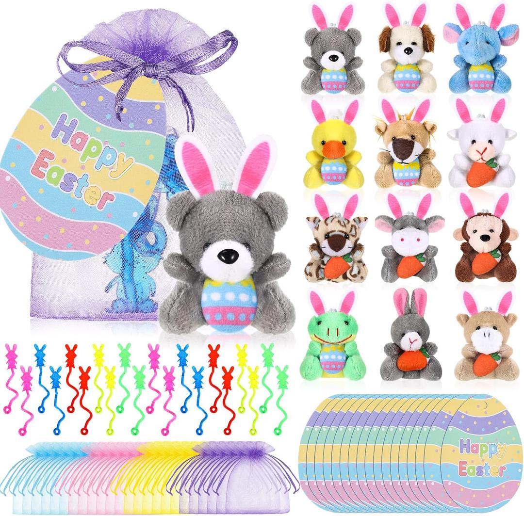 Wiwiqing 24 Set Easter Mini Animal Plush Toy Set with Bunny Sticky Hands Egg Cards Mesh Bags Small Stuffed Animal Bulk with Easter Eggs for Party Favors Basket Stuffers Classroom Prize
