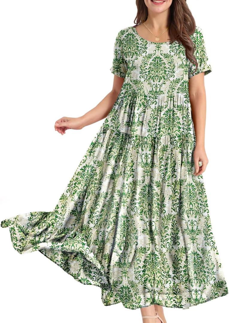 YESNO Women Casual Loose Bohemian Floral Dress with Pockets Short Sleeve Long Maxi Summer Beach Swing Dress EJF (Green, XXL)