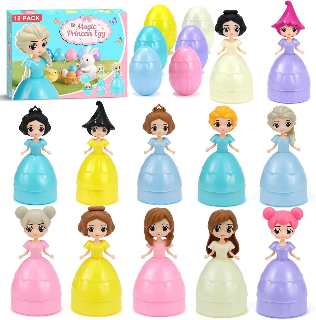 12PCS Pre Filled Easter Eggs Gifts for Kids with Transforms into Princess Toys Easter Basket Stuffers Easter Eggs Hunt Easter Party Favor Prize Classroom Rewards Toys for Girls (Blue)