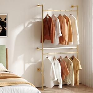 Industrial Pipe Clothing Rack Gold Clothing with Shelf Gold Clothes Rack Wall Mounted,Space-Saving Garment Rack for Boutique Retail-39'' GOLD