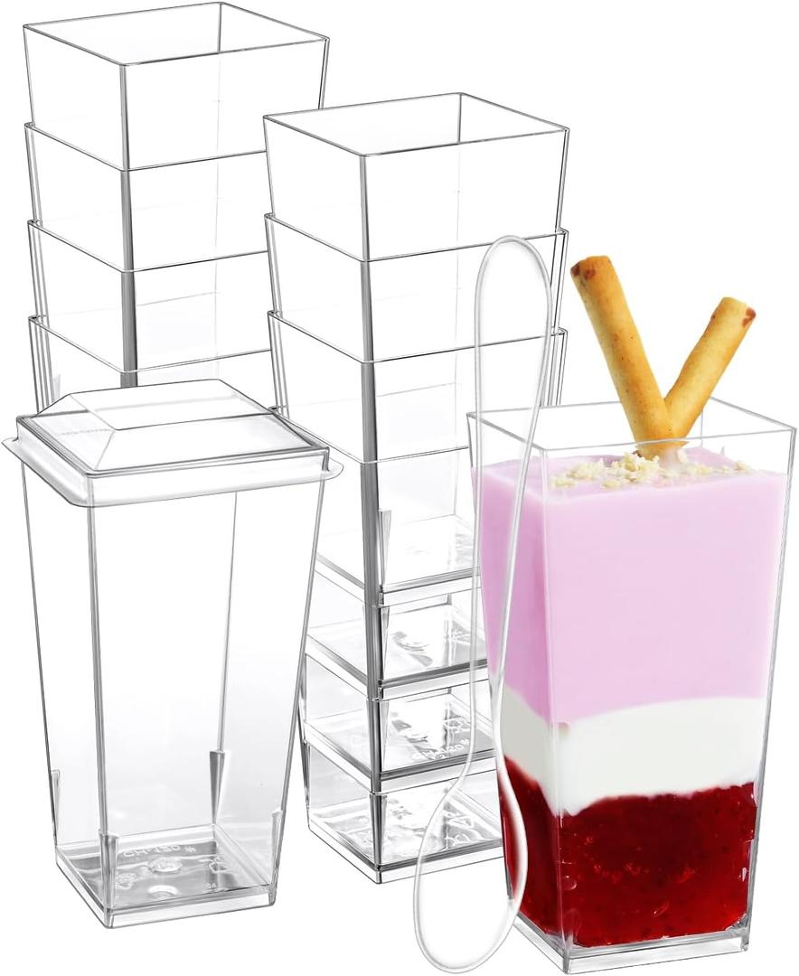 SHOPDAY 3 oz Mini Dessert Cups with Lids and Spoons 100 Pack, Small Plastic Dessert Cup for Party, Clear Square Cup for Parfait Yogurt Shooter Tumbler Appetizers Jello Mousse