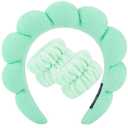 2 x Zkptops Spa Headband for Washing Face Wristband Set Sponge Makeup Skincare Headband Wrist Towels Bubble Soft Hairband for Women Puffy Headwear Winter Non Slip Thick Thin Hair Accessory(Light Green-3)