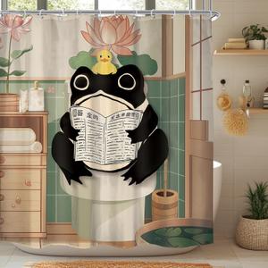 LGhtyro Funny Frog Shower Curtain Bathroom Set 71Wx71H Inches Traditional Japanese Cute Animal Kwaii Rustic Wood Board Toilet Newspaper Bath Accessories Frog Art Home Decor Fabric 12 Pack Hooks