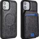 iCoverCase Wallet Case for iPhone 12/12 Pro Compatible with MagSafe, Magnetic Detachable Card Slots Holder PU Leather Kickstand Wireless Charging Case 6.1 Inch (Black Leopard)