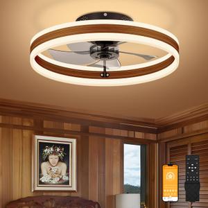 VOLISUN Low Profile Ceiling Fans with Lights and Remote, 19.7in Farmhouse Ceiling Fans with Light Flush Mount, 3000K-6500K Dimmable Fandelier LED Fan Light, Bladeless Ceiling Fans for Bedroom (Walnut)