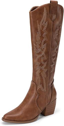 DREAM PAIRS Womens Cowboy Boots Wide Calf Comfortable Pull On Zipper Chunky Heel Pointed Toe Embroidered Western Cowgirl Knee High Boots Girls Ladies Retro Tall Boot 9