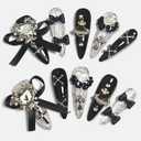 Handmade Press On Nails Stiletto, Black Press On Nails long, Glitter Heart Rhinestone Nails With Bow For Women Gift, Reusable Stick On Fake Nails Kit With Nail Glue (Black Coquette-L)