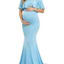 Glampunch Womens Off Shoulder Maternity Dress Ruffles Elegant Slim Gowns Fit Maxi Photography Dress Sky Blue , Small